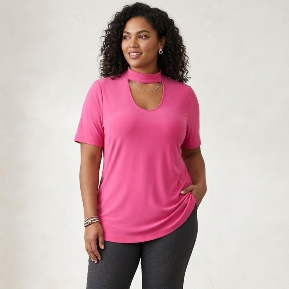 Slinky Brand XL Hot Pink Choker Neck Cutout Short Sleeve Top Stretch Travel
